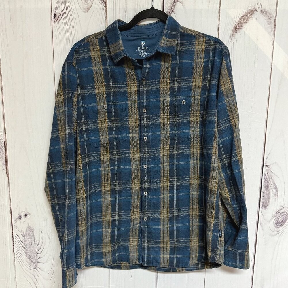 KÜHL Mens Fugitive Flannel Shirt Large Blue Gold Plaid Tencel Button Up EUC